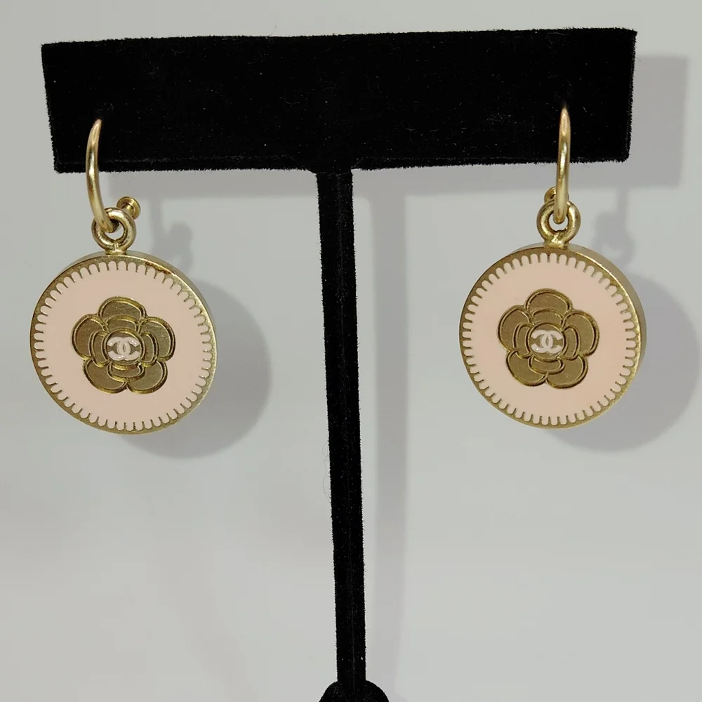 Auth CHANEL Gold & Pink CC Coco Camelia Dangle Drop Hoop Pierced Earrings EUC!